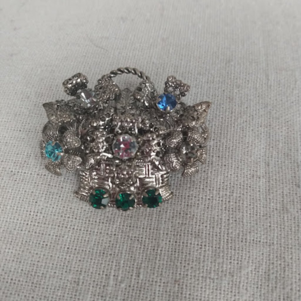Vintage Czech Marked Silver Tone Flower Basket With Rhinestone Brooch 29$
